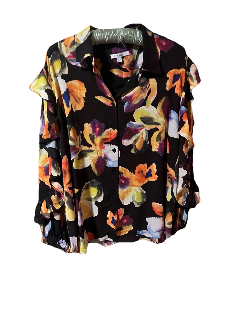 Chicos Botanical Chiffon Ruffle Sleeve Button Front Blouse Size 3‎ US 16
